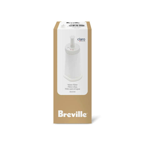 Front view of Breville BES008 water filter box; white cylindrical filter with a top knob; Breville and Claro Swiss logos visible.
