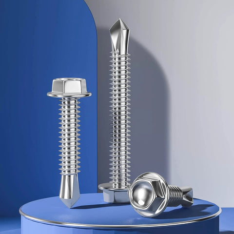 Wensilon hex washer head self-drilling screws, #8 x 3/4 in, stainless steel 410, three screws on blue display.