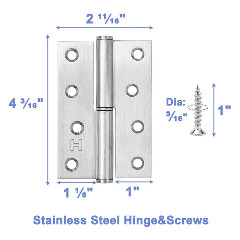 6 Pack Lift Off Door Hinges 4 Inch Heavy Duty Stainless Steel Detachable Right Hand Hinges with screws and dimensions shown