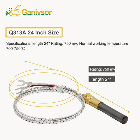 Ganivsor 24-inch thermopile sensor with braided metal sheath and fork terminals, 750 mV output.