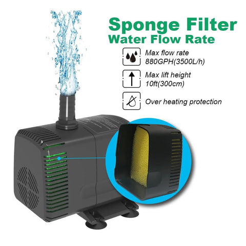 Knifel submersible pump with sponge filter, 880 GPH, 10.2 ft lift, overheating protection for ponds and fountains