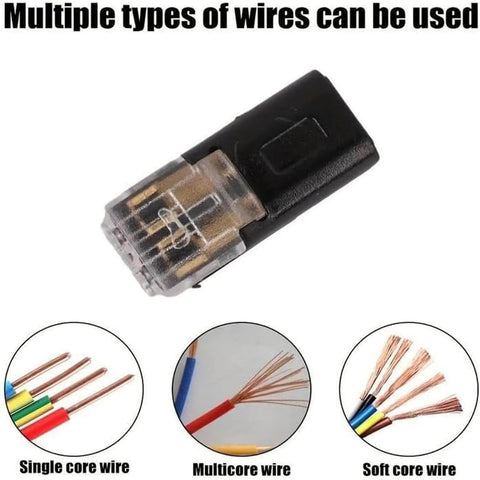 Easy Snap Double Wire Plug In Connectors With Locking Buckle for Strip Lights and DIY Projects, showing single, multi, and soft core wire use