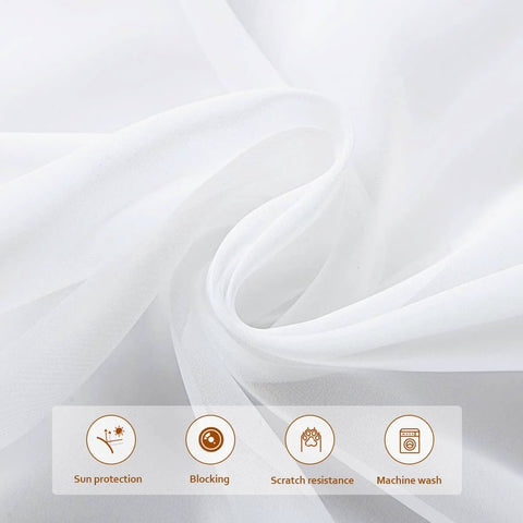 Close-up of fabric showing pleated white sheer curtains for track system sliding door panels 2 pack each 100 inches wide custom sizing