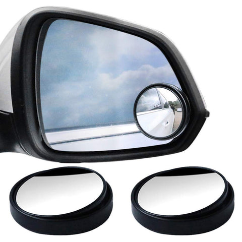 2 Pack Blind Spot Mirrors With 360 Degree Rotation High Definition HD Glass Adjustable Convex Side View Stick On Mirrors For Universal Cars Black Waterproof HD Glass With Easy Adhesive Mount installed on side mirror with clear view.