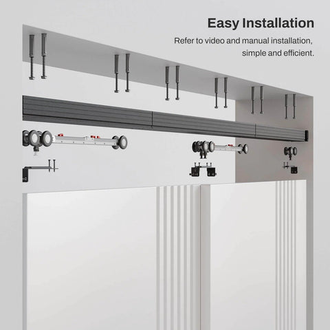 Easy installation of heavy duty aluminum bypass barn door sliding closet hardware track kit with soft close built to last.