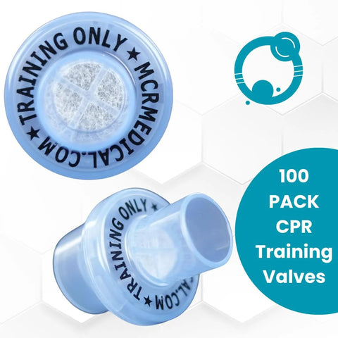 Pack of 100 blue CPR training valves; front and side views with Training Only label