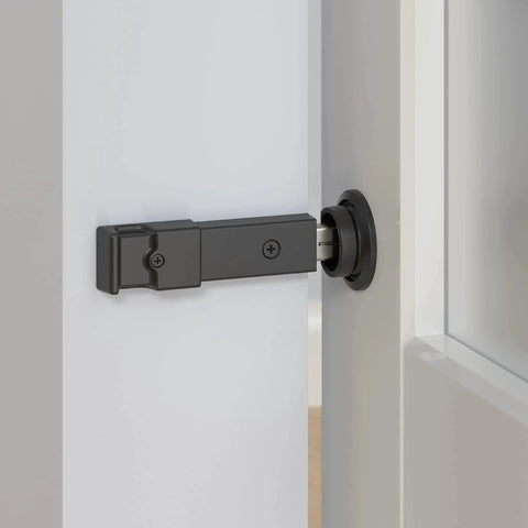 Sliding Barn Door Privacy Lock With Emergency Release Matte Black Finish 5 Inch Latch for Single Bi Parting or Bypassing Doors installed
