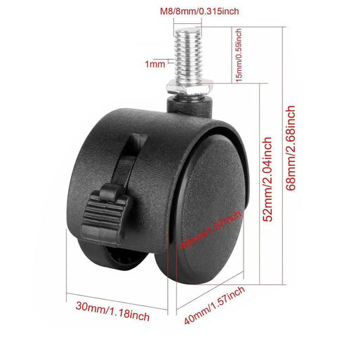Swivel Caster Wheels 4 Pack With Black Nylon Wheels And M8 Threaded Stem 15kg Load Capacity Per Wheel Heavy Duty Swivel Casters For Furniture Tables Cabinets And Shelves 1.5 Inch Stem With Brake showing dimensions of wheel and stem