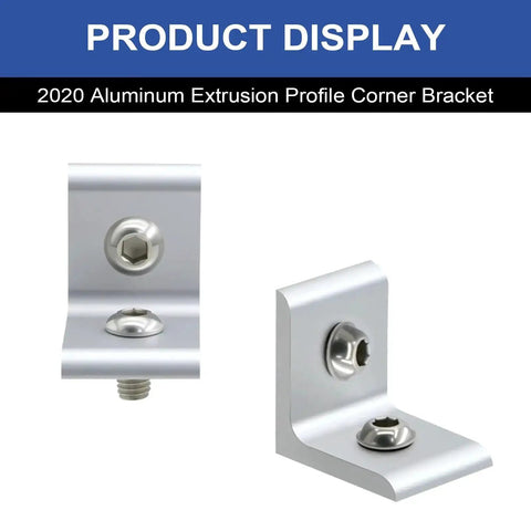 2020 Aluminum Extrusion Profile Corner Bracket, silver metal bracket with screws for framing, showing front and side views