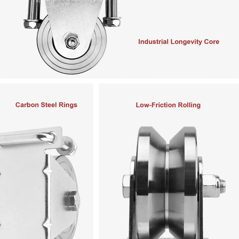 Heavy Duty 4 Inch V Groove Gate Wheel Kit with Dual Sealed Bearings for Industrial Gates, close-up on carbon steel rings and wheel assembly
