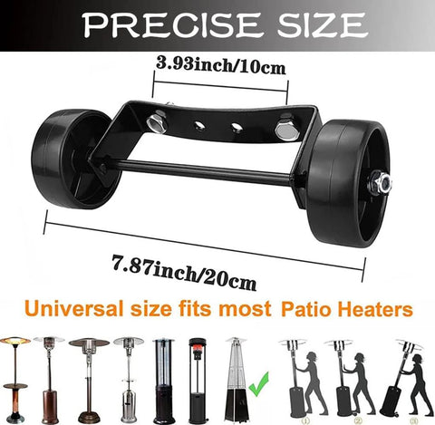 Patio heater wheel kit with two black wheels on an axle and mounting plate; universal fit