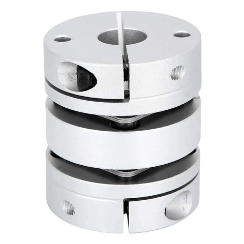 Aluminum alloy two-piece shaft coupling with clamp screws, front view for motor shaft sleeve adapter.