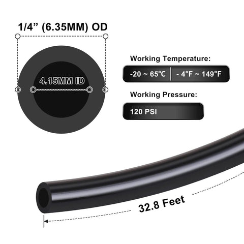 Hromee air line tubing, 1/4 in OD PU tube, 32.8 ft, black; schematic shows 4.15 mm ID and 120 PSI
