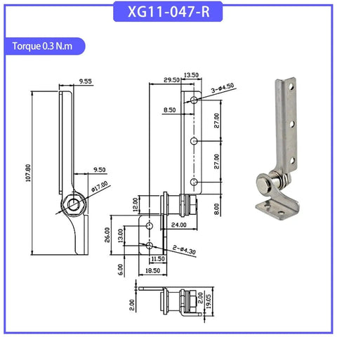Installed damping torque hinge in 304 stainless steel with adjustable stop, model XG11-047R, 0.3 N·m