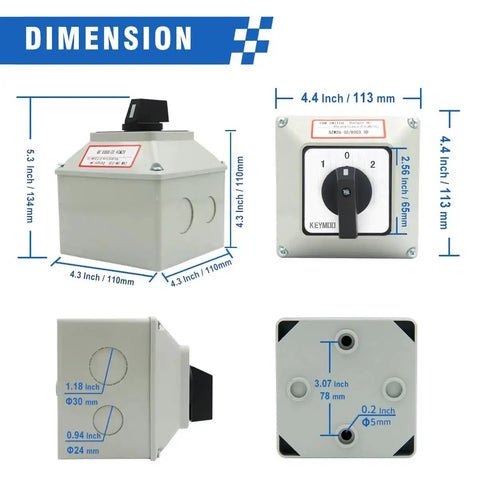 Dimensions of 32A Rotary Changeover Switch Box with exterior housing, 3 position 3 phase, 12 terminals, shown from multiple angles