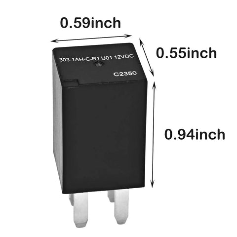 Ultra Micro ISO Automotive Relay dimensions 0.59 x 0.55 x 0.94 inches, 12V DC, 20A SPNO, high temp resistant, ideal for tight spaces.