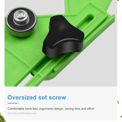 Close-up of Drill Bit Hole Saw Guide For Ceramic Tile And Glass, Adjustable Tile Hole Cutter Centering Locator Holder Jig Fixture, featuring a repositionable bearing and oversized set screw on green durable ABS construction.