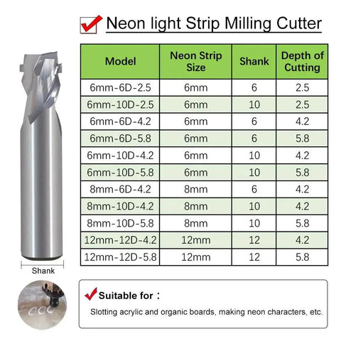 Chart showing neon light strip milling cutter specs with a 6mm Neon CNC Router Bits Pro Grade Tungsten Carbide End Mills For LED Neon Sign Slotting In Polystyrene And Acrylic, 6mm And 8mm Sizes, Easy Clean Surface, Great Heat Dissipation, High Precision Cutting on display.