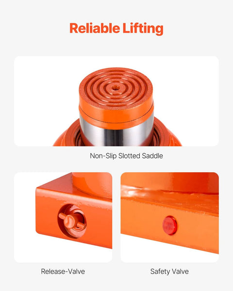 Close-up of 50 Ton Hydraulic Bottle Jack With 11 To 17 Inch Lift And 3 Section Handle showing non-slip saddle, release, and safety valve.