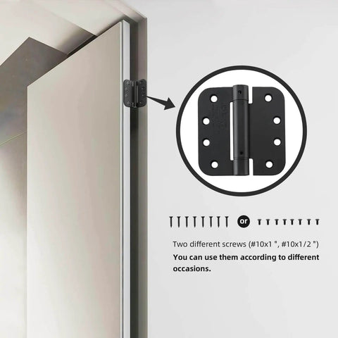 4 Inch Spring Loaded Self Closing Door Hinges With Adjustable Tension For Interior Doors, Matte Black Finish, UL Listed 5/8 Inch Radius, 2 Pack Includes Screws And Adjustment Rod For Easy Install installed view