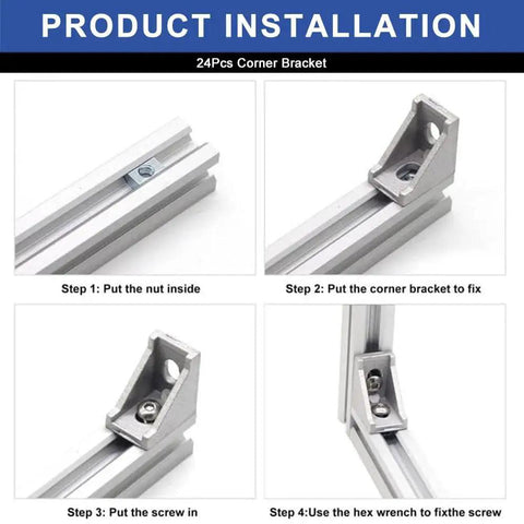 24 Pcs 2020 Corner Bracket Kit With Screws For 8020 Aluminum Profiles installation guide showing assembly steps.