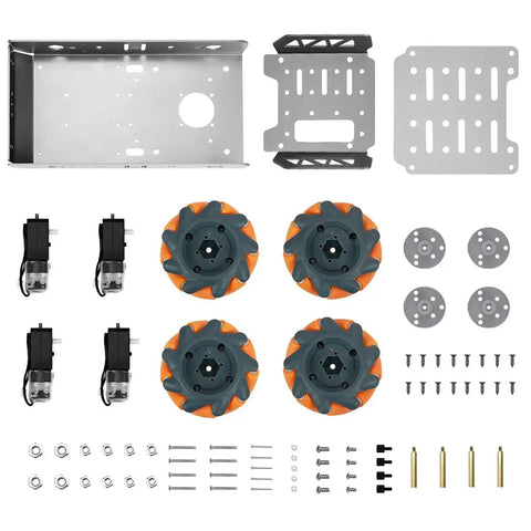 Mecanum Wheel Chassis Car Kit With TT Motors And Aluminum Alloy Frame components for DIY education robots, including wheels, motors, and hardware.