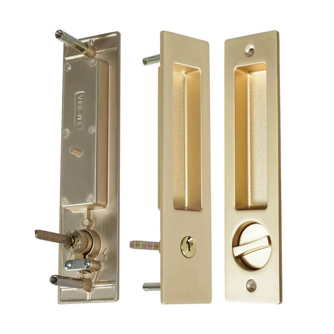 Privacy Pocket Door Lock With Key And Handle, 7 Inch Brushed Gold Invisible Rectangular Edge Pull, side and front views