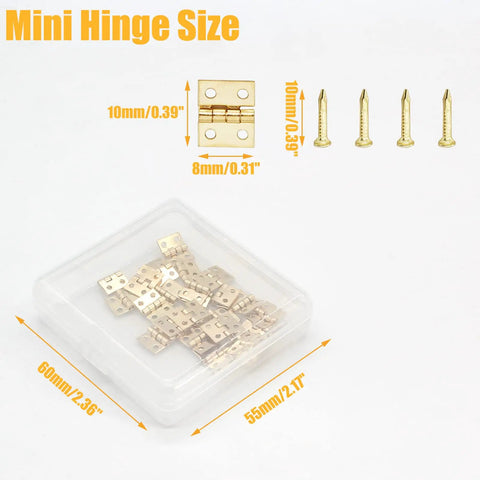 24 Pack Mini Brass Hinges 180 Degree Rotation For Jewelry Box Cabinet DIY Projects With Mounting Nails Golden Durable 10x8mm Hardware Includes Small Plastic Carrying Box