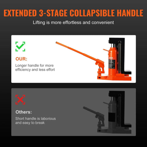 Front view of orange VEVOR hydraulic toe jack with extended handle; bottom panel shows gray jack with short handle for comparison