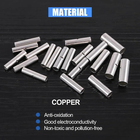 Non Insulated Butt Connectors Kit 220 Pieces Assortment For Quick DIY Wiring Splices And Crimp Terminals Wide AWG Range From 22 Down To 10 For Copper Wire displayed on black surface with material benefits listed.