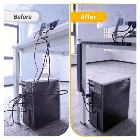 Before and after view of cables managed with Open Slot Cable Raceway Kit For Under Desk Cable Management With Upgraded Snap Structure In Black 139 Inch Total Length