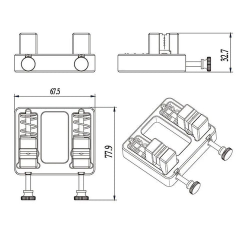 Technical drawing of Pro Grade Soldering Station Wire Clamp Fixture Table For Stable Circuit Board Assembly details and dimensions.
