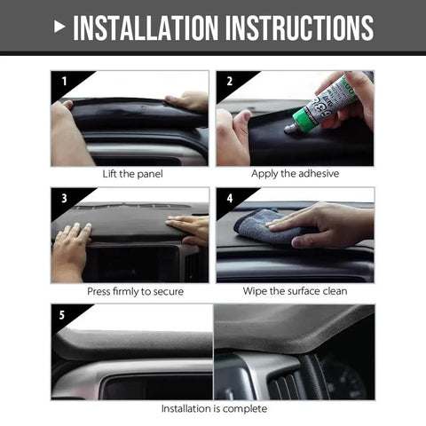 Installation steps for TPE Dash Cover For Dodge Ram 1500 2500 3500 1994 To 1997 Gray including adhesive application.