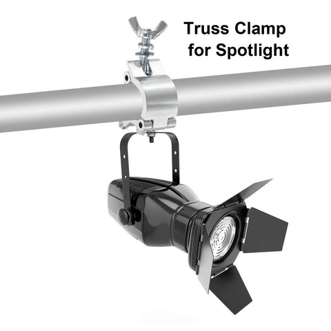 Heavy Duty Aluminum Stage Lighting O Clamp For 0.98 To 1.18 Inch OD Tube Sturdy Truss Clamps With Single Buckle Handles Up To 100 Lb Perfect For Studio And Band Rigging 2 Pack attached to a metal tube
