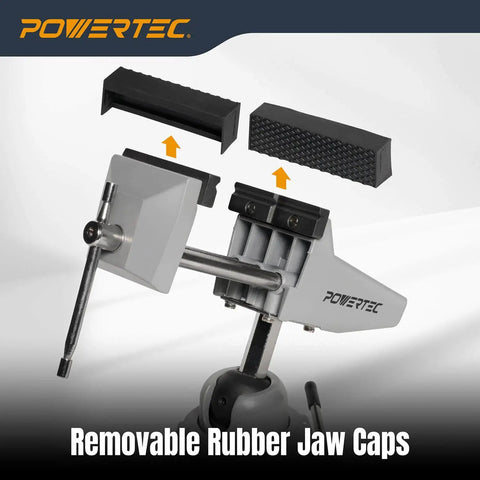 Vacuum Base Vise with Two and Three Quarters Inch Jaw showing removable rubber jaw caps for secure clamping