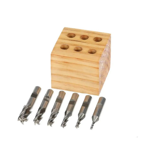 Premium 6 Piece 4 Flute High Speed Steel End Mill Set With Weldon Shank 3/8 Inch Center Cut Includes wooden stand