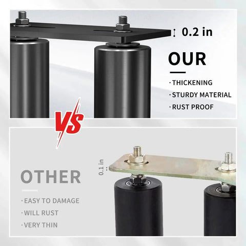 Comparison of 4-inch heavy-duty sliding gate roller with L-bracket and standard gate roller, highlighting thickness and durability features.