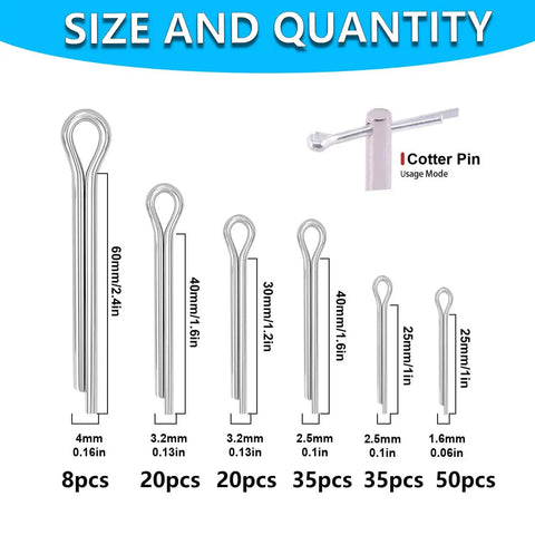 302-Piece Cotter Pin And R Clip Assortment Kit In 13 Sizes, 304 Stainless Steel Heavy Duty Hardware Set for Trucks, size chart