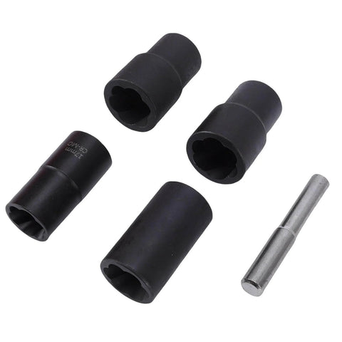 Five Piece Lug Nut Extractor Set For Stripped Bolts Chrome Molybdenum Steel Heavy Duty Nut Remover Tools With 17mm 19mm 21mm 22mm Sizes.