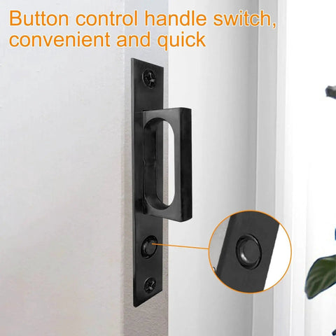 Pocket Door Edge Pull Sliding Door Handle With Embedded Hidden Pocket Design Black showing button control on wall.