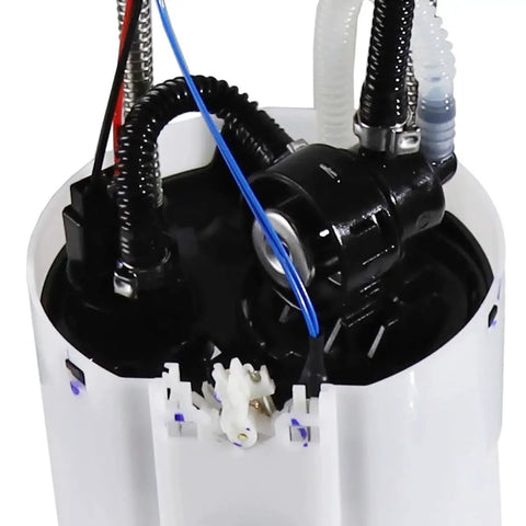 Close-up of electric fuel pump assembly, showing connectors and tubes for Chevy Silverado 1500 and GMC Sierra 1500, 2014-2018