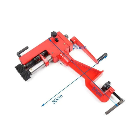 Bead Roller Tool For Metal Fabrication With 6 Adjustable Dies And Rotary Bead Former, red cast iron construction, side view with measurements