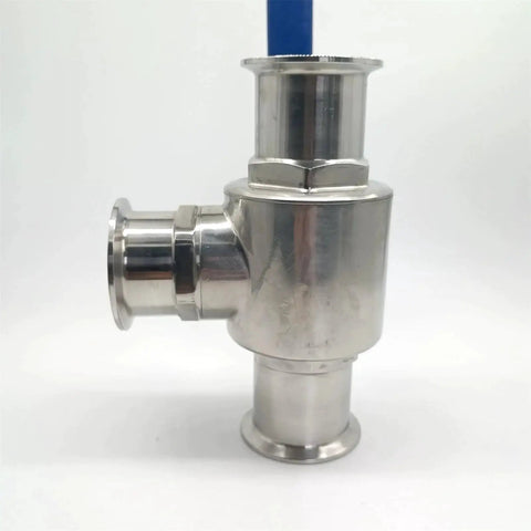 Side view of 2 Inch Sanitary Tri Clamp Ball Valve 3 Way T Port With PTFE Seat Stainless Steel 304 Blue Handle 64mm OD Flange