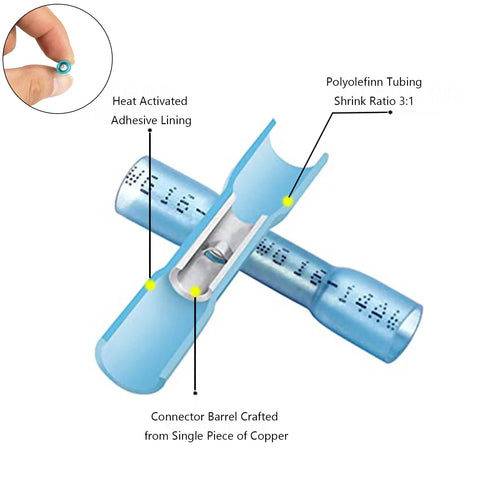 Blue heat-shrink butt connector with copper barrel and adhesive lining; polyolefin tubing, 3:1 shrink ratio.