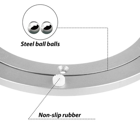 Close-up of the Two Pack 8 Inch Aluminum Lazy Susan Turntable Bearings showing steel ball bearings and non-slip rubber features.