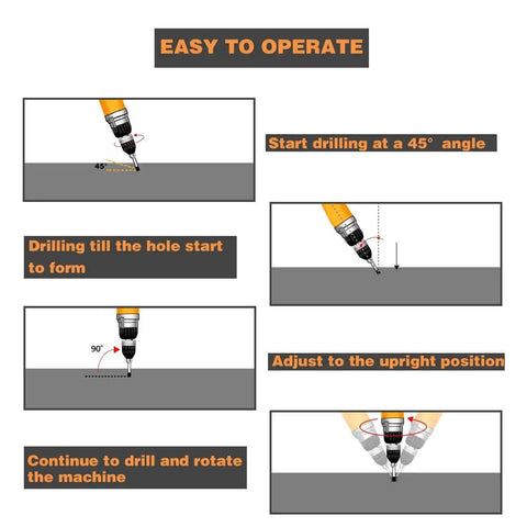 Tutorial illustration showing drilling steps for Diamond Drill Bit Set For Porcelain Tile And Ceramic Stone 2 Pc 1 Quarter Inch Hex Shank.
