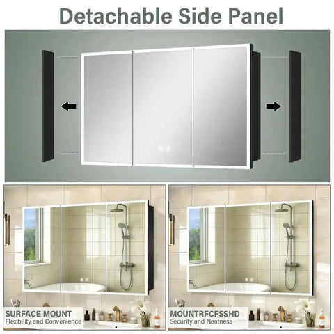 LED Medicine Cabinet 48 By 32 Inch With Demister featuring detachable side panels for recessed or surface mount installation.