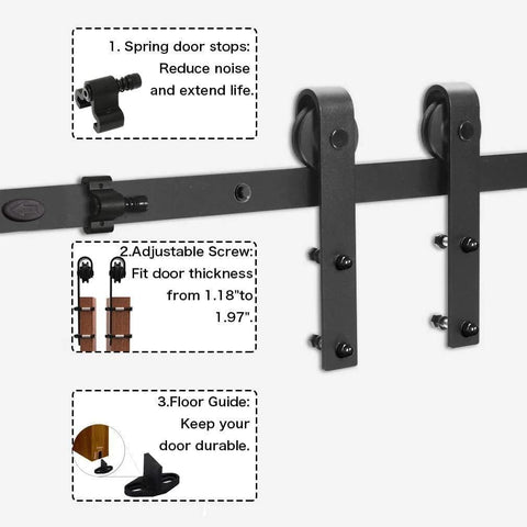 Two Pack Black Barn Door Roller Hangers No Track J Shape Ultra Quiet Nylon Wheel Smooth Glide Heavy Duty 330 Lbs Per Door Rust Proof Frosted Finish For Sliding Barn Doors shown with spring door stop, adjustable screw, and floor guide.