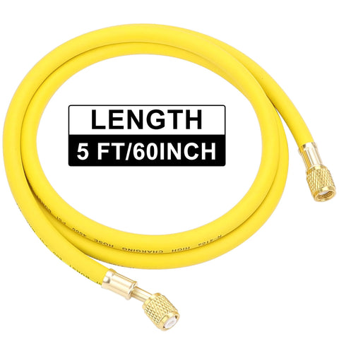 Yellow HVAC refrigerant charging hose with brass 1/4” SAE flare fittings, 60-inch length.
