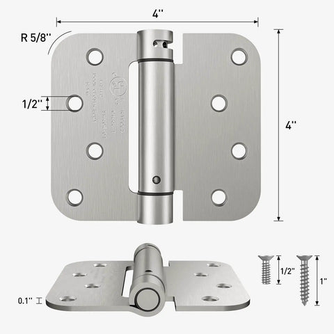 Self Closing 4 Inch Door Hinges With Spring Loaded Adjustable Tension For Front And Back Garage Doors Brushed Nickel UL Listed